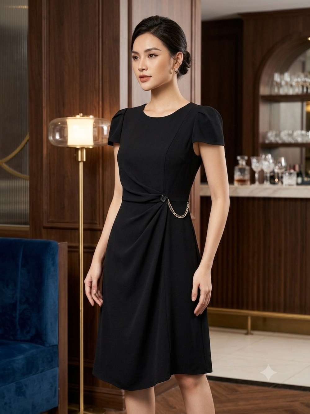 Take 50% OFF- Elise Black Draped Chain Detail Dress, Size-S